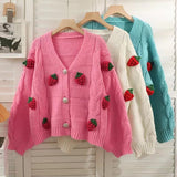 Embroidered Strawberry Crochet Long-sleeved Knitted Cardigan