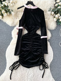Playful Pink Ribbons Black Velvet Mini Dress