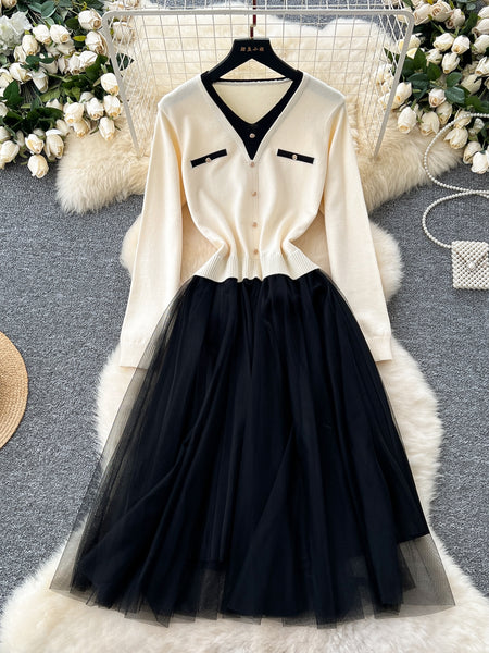 Flowing Tulle Buttoned Cardigan Skirt Dress