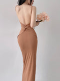 Spaghetti Strap Ruched Khaki  Midi Bodycon Dress