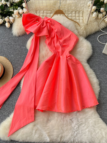 Dramatic Bow Stunning One-Shoulder Coral Dress