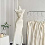 Subtle Cowl Neckline Ivory Satin Party Dress