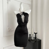 Sparkling Rhinestone Embellishments Halter Neck Little Black Dress