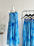 Embroidered Floral Patterns Blue Halter Neck Maxi Dress