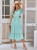 Elegant Blue Tiered Chiffon Midi Print Dress