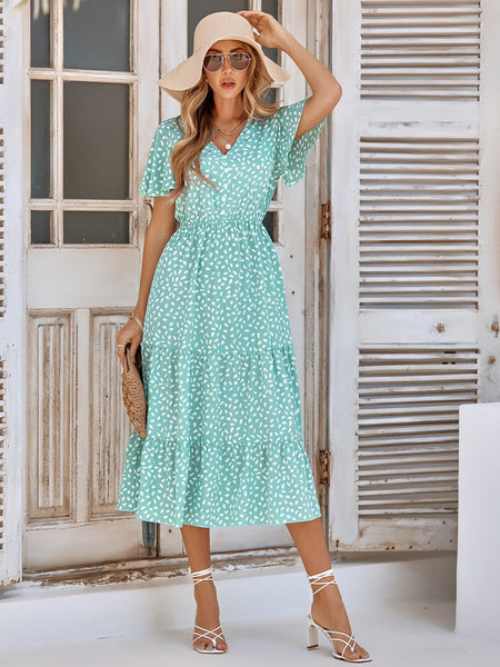 Elegant Blue Tiered Chiffon Midi Print Dress