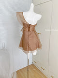 Nude Rose Ruffled Layers Off Shoulder Tulle Mini Dress