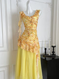 Yellow Floral Print Asymmetric Ruffled Dress