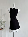 White Peter Pan Collar Pearl Embellishments Black Mini Dress