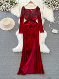 Regal Velvet Evening Gown with Beaded Sleeves and Slit