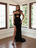 Black Mermaid Hem Sequins Prom Dress
