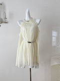Pleated Cream Colored Halter Mini Dress