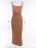 Spaghetti Strap Ruched Khaki  Midi Bodycon Dress