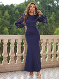 Navy Beaded Sleeve Evening Dress