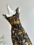 Asymmetric Ruffle Black Floral Midi Dress