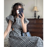 High-End Hollow Out Design Plaid Puff Sleeve Dress
