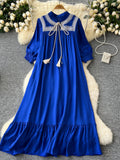 Tassel Tie Lace Blue Maxi Dress