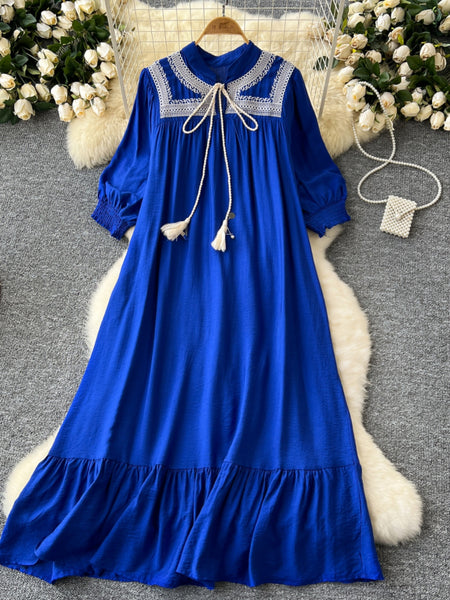 Tassel Tie Lace Blue Maxi Dress
