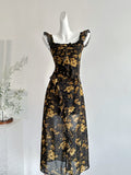 Asymmetric Ruffle Black Floral Midi Dress