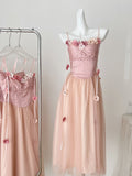 Enchanting Pink Satin Tulle Floral Embellished Dress