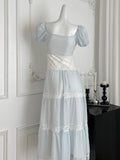 Charming Blue Lace Puff Sleeve Maxi Dress
