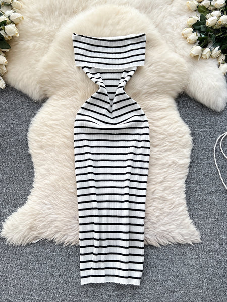 Off Shoulder Striped Halter Maxi Dress