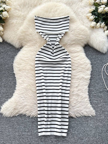 Off Shoulder Striped Halter Maxi Dress