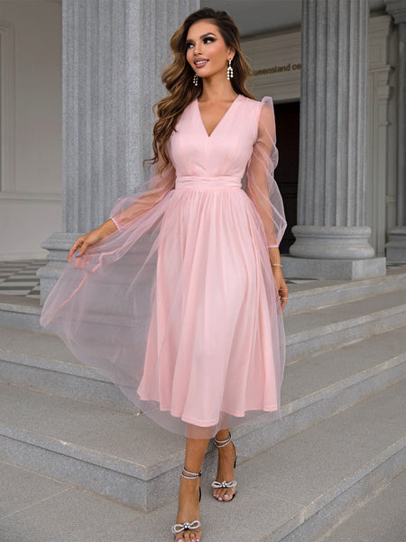 Romantic Sheer Overlay Pink Tea-Length Dress