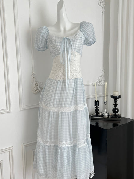 Charming Blue Lace Puff Sleeve Maxi Dress