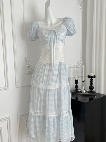 Charming Blue Lace Puff Sleeve Maxi Dress
