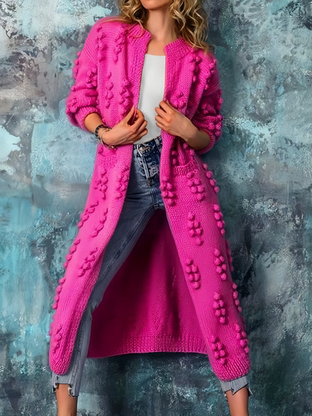Electric Pink Pom-Pom Embellished Knit Coat