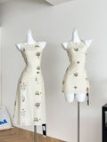 Colorful Floral Embroidery Halter Neck Mini Dress