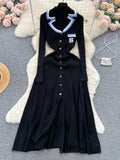 Long Sleeve Contrasting Knit Trim Black Dress