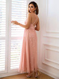 Celestial Pink Plunge Neckline Evening Dress