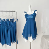 Exquisite Butterfly Lace Blue Strappy Mini Dress