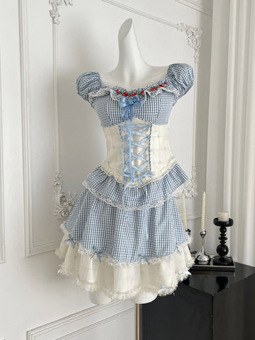 Blue & White Puff Sleeve Mini Dress