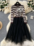 Floral Appliqués Tulle Skirt Striped Knit Dress