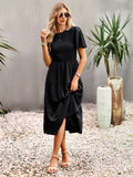 Blue Green Puff Sleeve Smocked Ruffle Tiered A Line Midi Dress