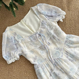 Blue Tiered Sash Ruffles Floral Print Dress