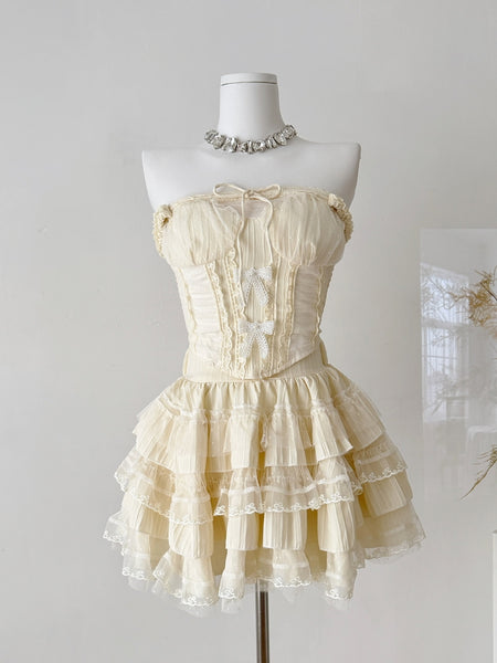 Exquisite Cream Corset Style Ruffled Skirt Set