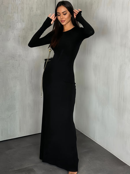 Long Sleeves Sleek Silhouette Black Maxi Dress