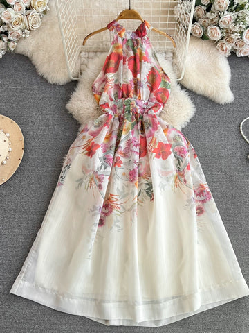 High Neckline Floral Chiffon Maxi Dress