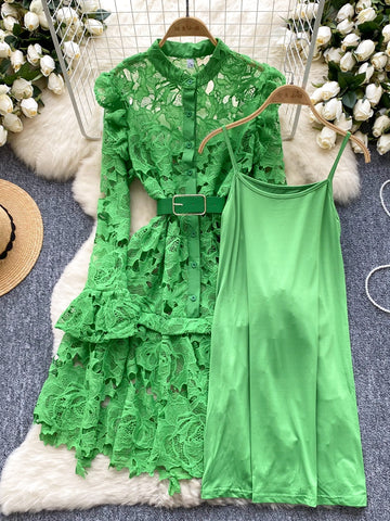 Inner Slip Belted Waist Vibrant Green Dress