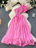 Floral Embellishment Flared Skirt Pink One-Shoulder Dress