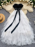 Strapless Black and White Layered Tulle Skirt Maxi Dress