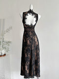 Elegant Sleeveless High Neck Lace Midi Dress