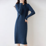 Elegant Cozy Long Sleeves Taupe Pleated Midi Sweater Dress