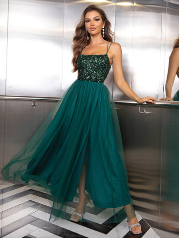 Green Tulle Sequin Mesh Cami Dress