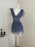 V NecK Navy Blue Mesh Mini Dress