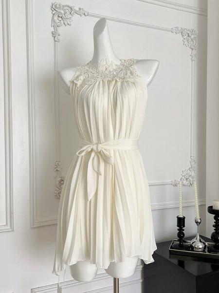 Lace Neckline & Belt White Pleated Dress